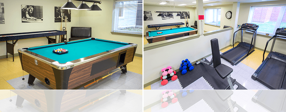 An inside view of the Game Room on the left and the Exercise Room on the right.