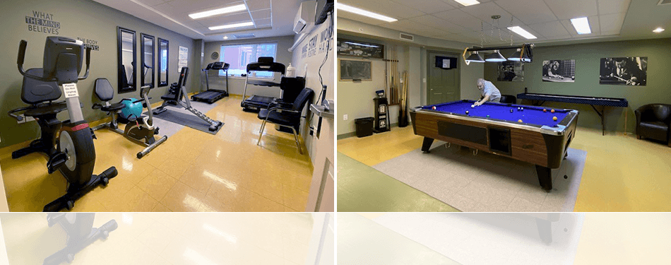 
An inside view of the Exercise Room on the left and the Game Room on the right.
