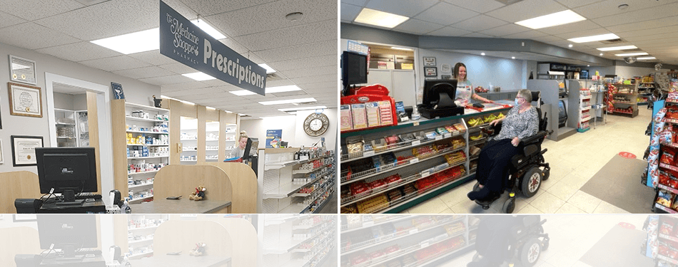 An inside view of the Medicine Shoppe Pharmacy on the left and the RiteStop Variety Store on the right, shelves stock with a variety of items.