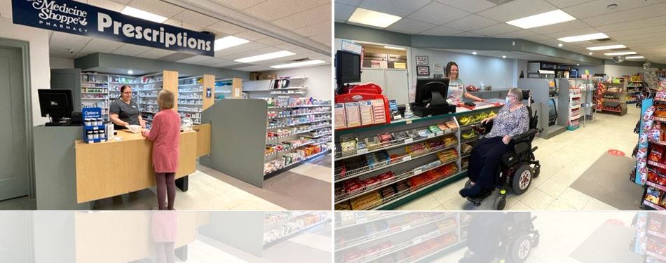 An inside view of the Medicine Shoppe Pharmacy on the left and the RiteStop Variety Store on the right, shelves stock with a variety of items.