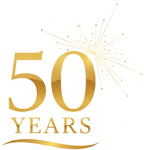 Elegant gold 50 Years anniversary design with a sparkling starburst flourish and subtle shadow on a white background