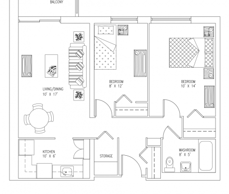 Floor Plan 'e' - Standard Two Bedroom with Balcony (680 sq ft)